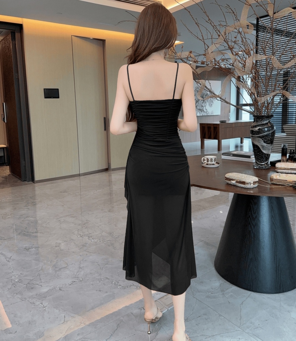 Sling irregular long split splice dress