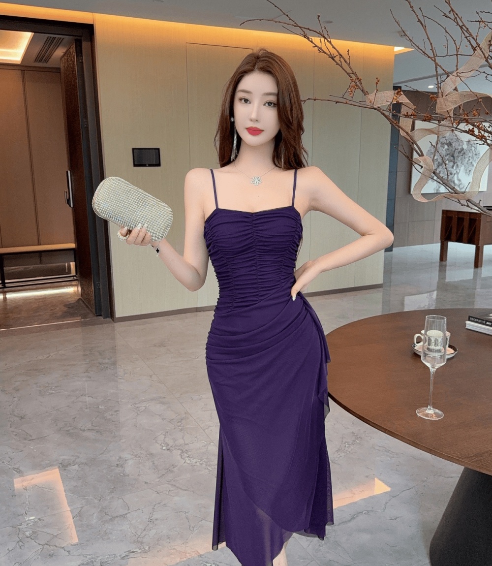 Sling irregular long split splice dress