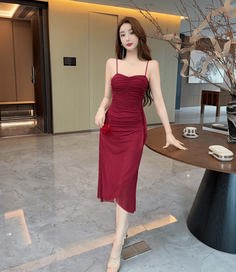 Sling irregular long split splice dress