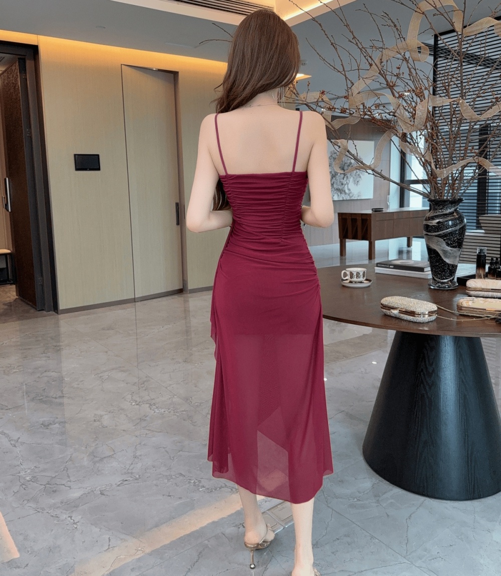 Sling irregular long split splice dress