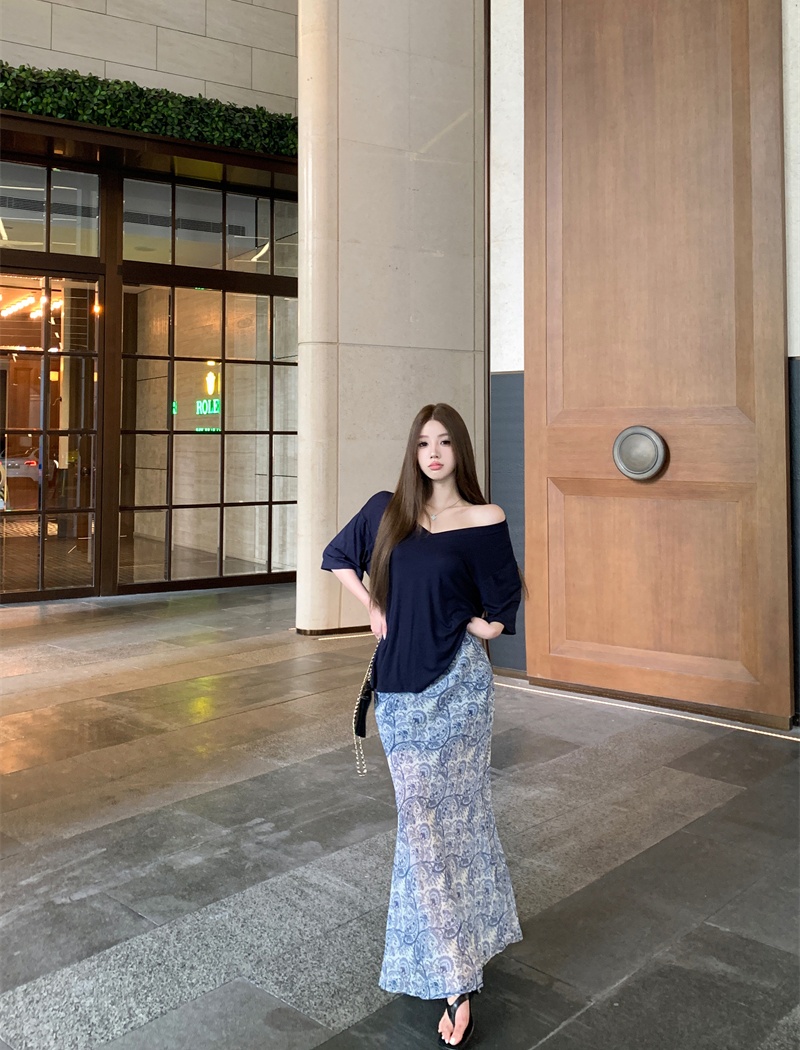 V-neck gauze skirt short sleeve T-shirt for women