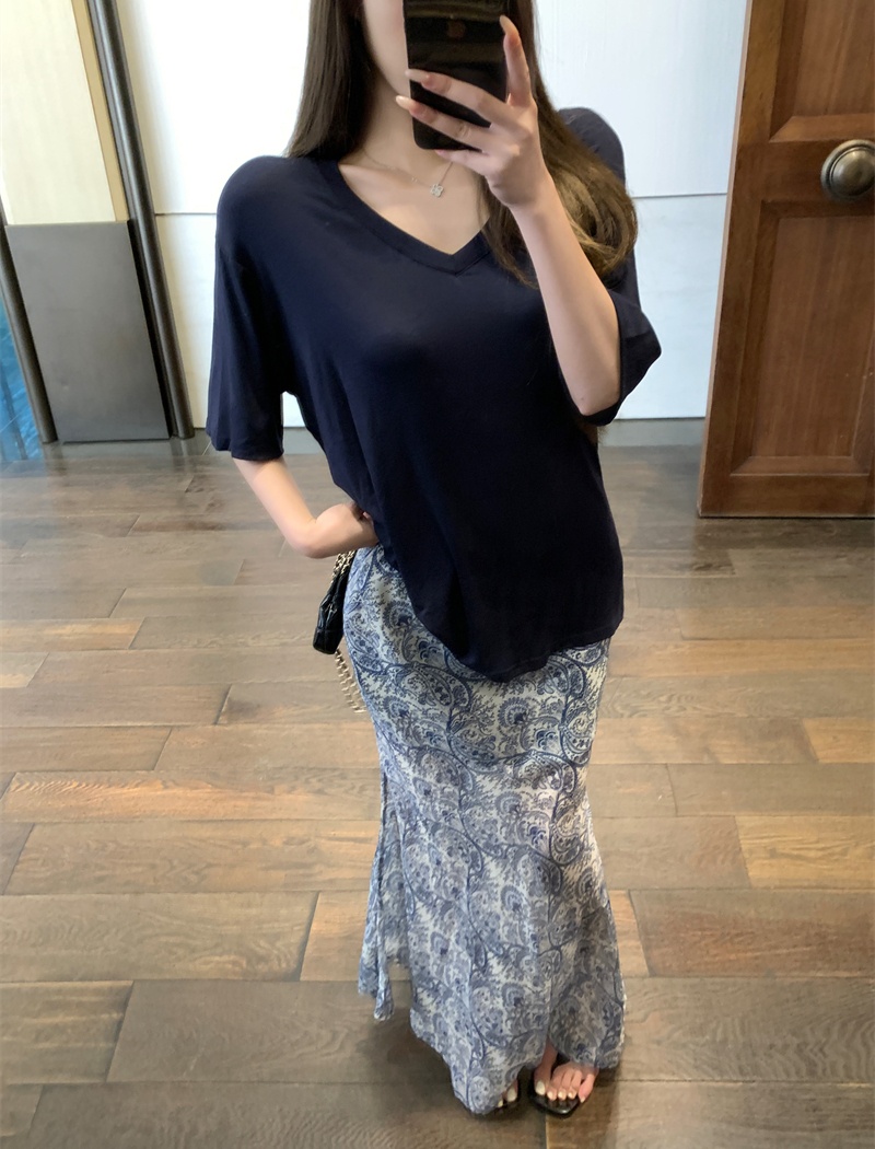 V-neck gauze skirt short sleeve T-shirt for women