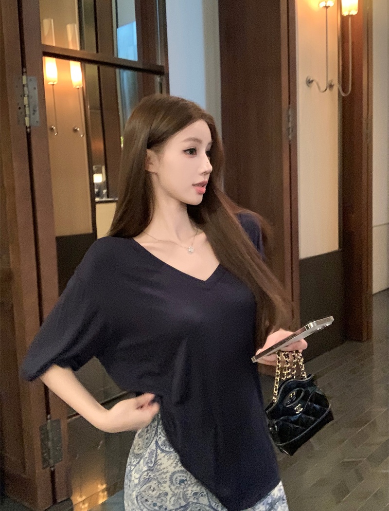 V-neck gauze skirt short sleeve T-shirt for women