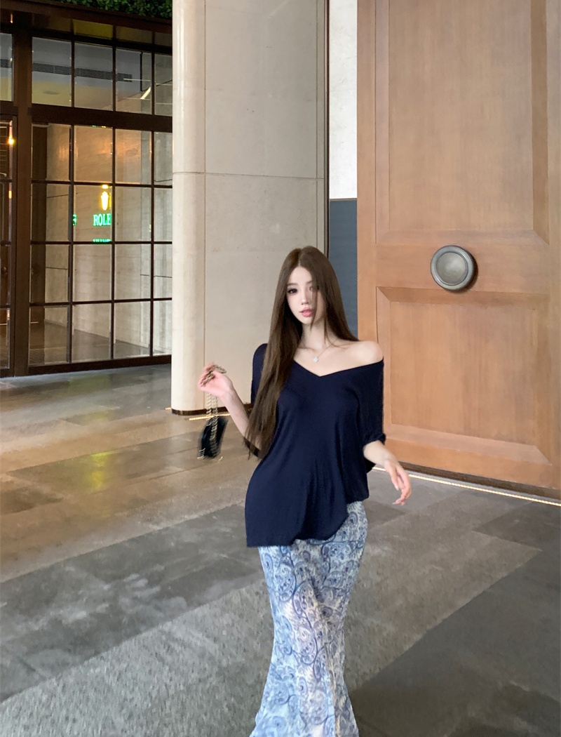V-neck gauze skirt short sleeve T-shirt for women