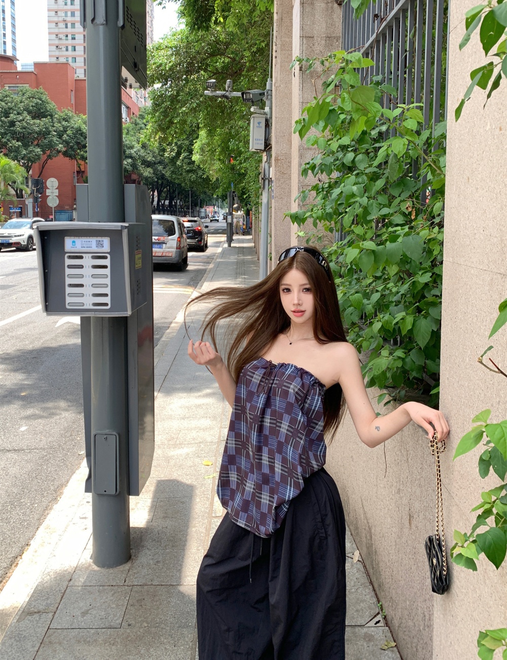 Wrapped chest slim sleeveless tops all-match plaid vest
