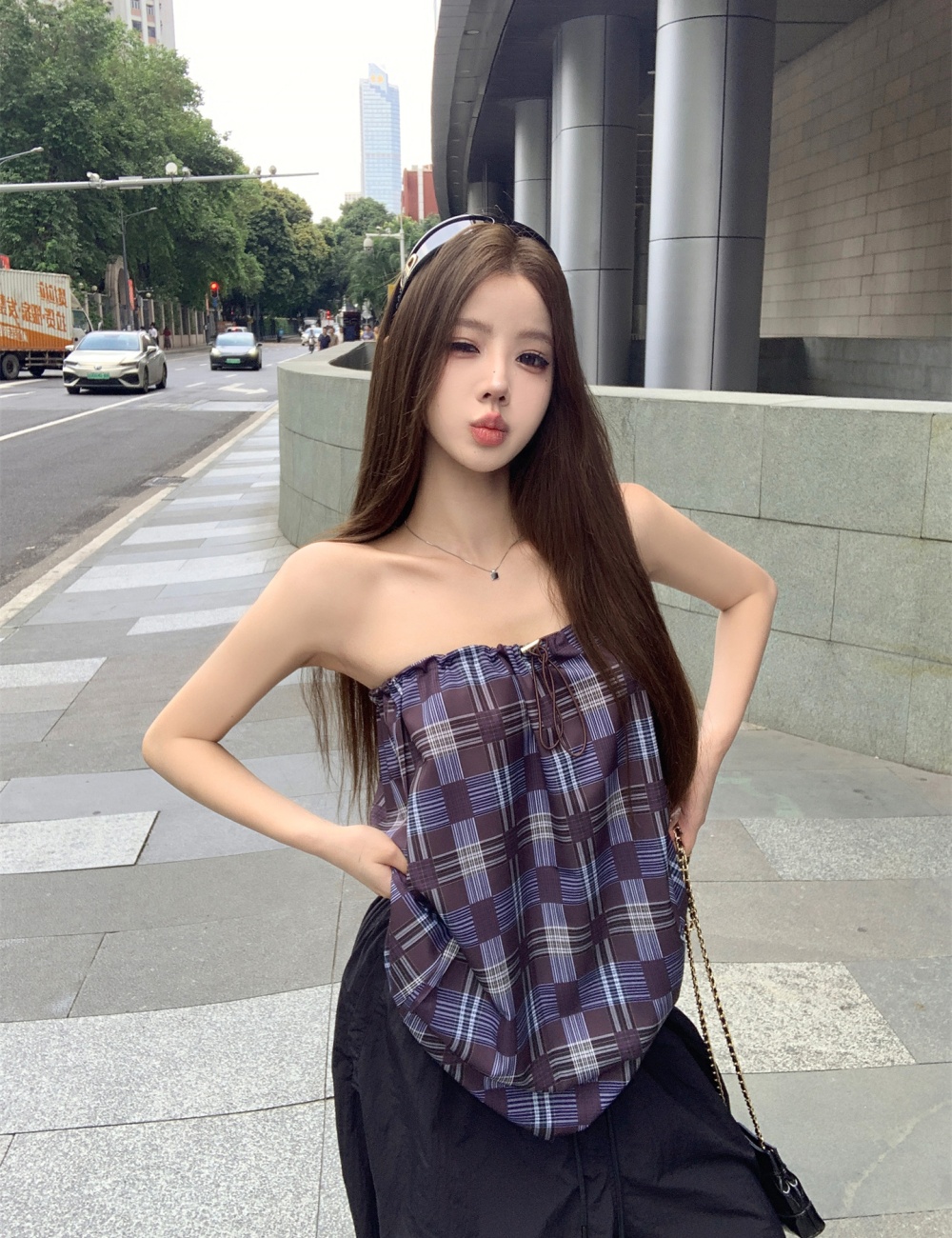Wrapped chest slim sleeveless tops all-match plaid vest