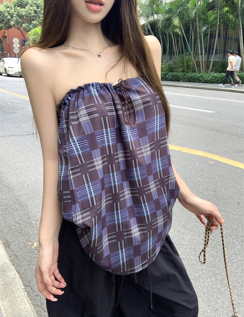 Wrapped chest slim sleeveless tops all-match plaid vest