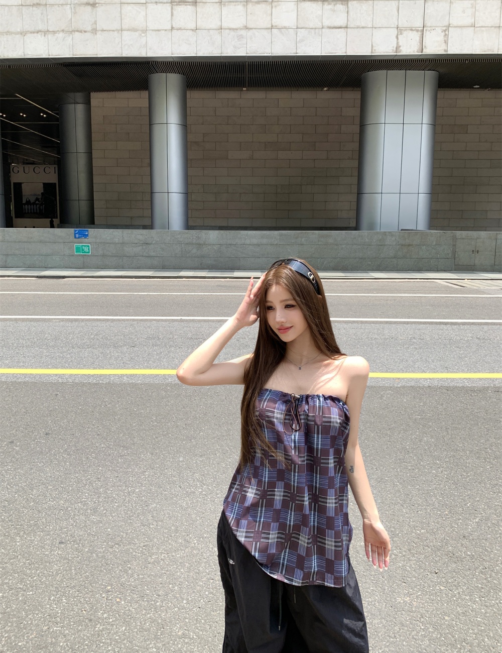 Wrapped chest slim sleeveless tops all-match plaid vest