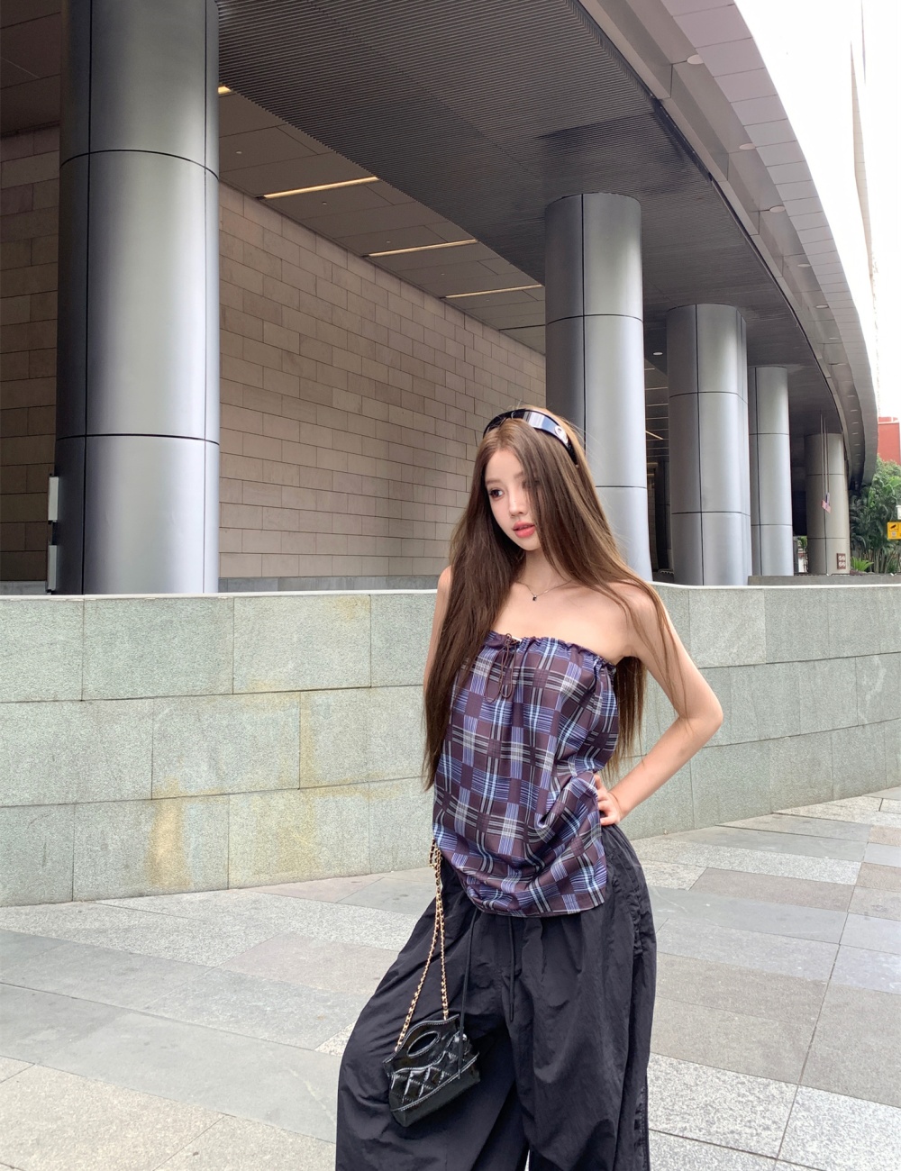 Wrapped chest slim sleeveless tops all-match plaid vest