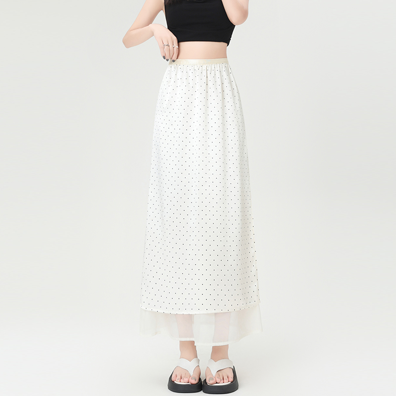 Drape A-line skirt high waist polka dot long dress for women