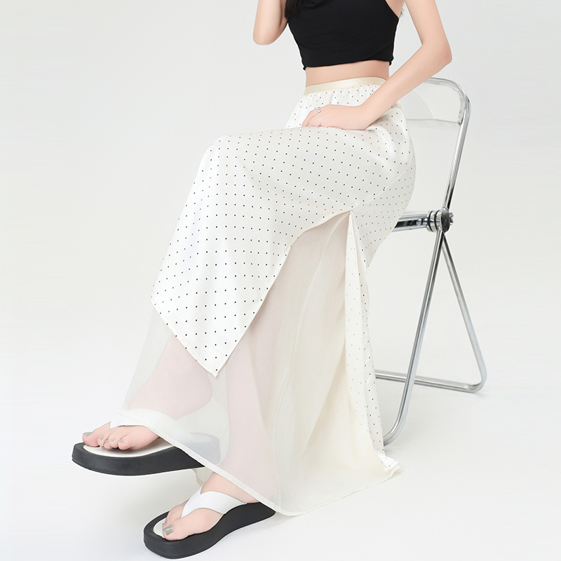 Drape A-line skirt high waist polka dot long dress for women