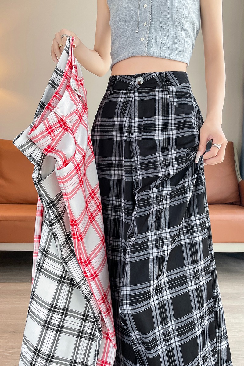 Ice silk Casual lazy pants loose retro plaid wide leg pants