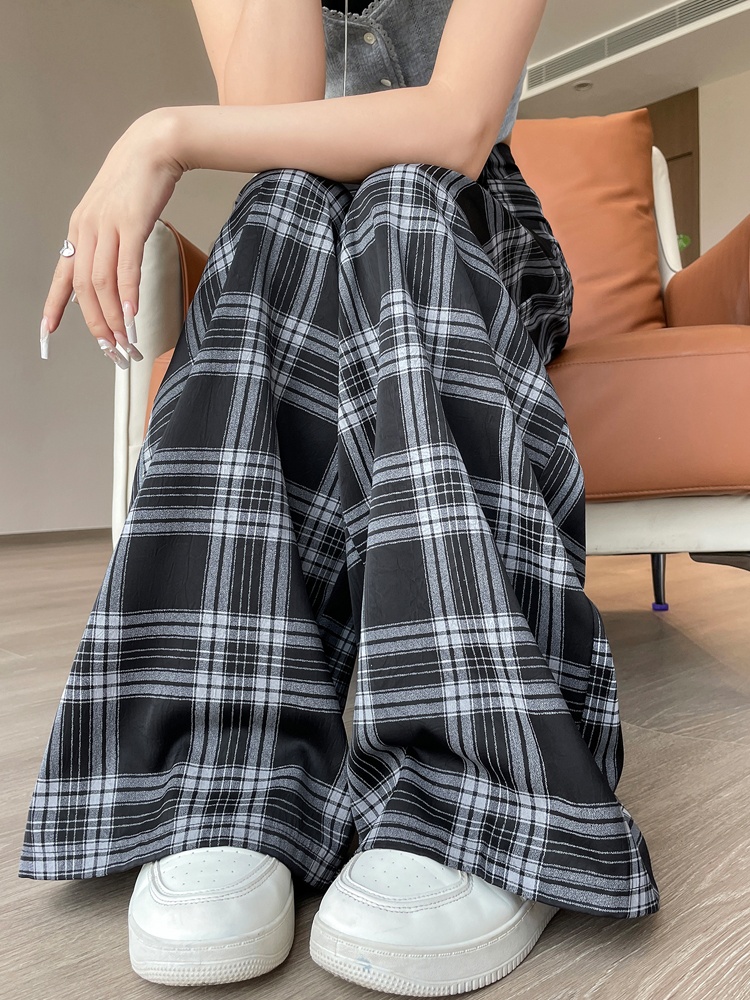 Ice silk Casual lazy pants loose retro plaid wide leg pants