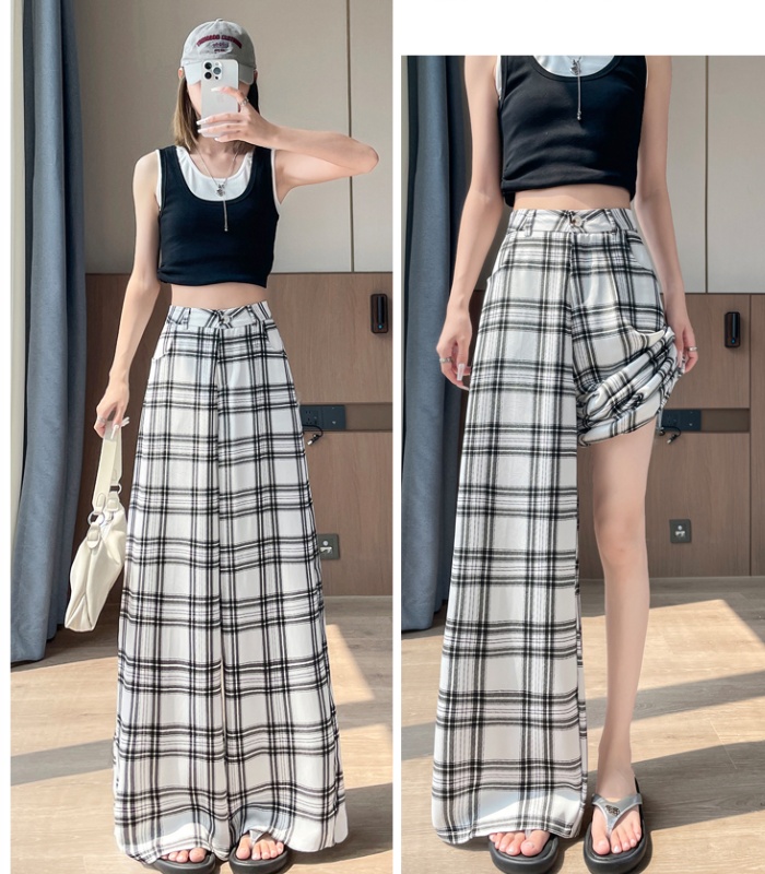 Ice silk Casual lazy pants loose retro plaid wide leg pants
