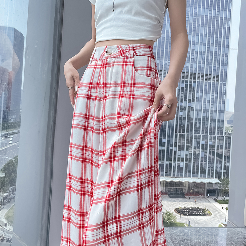 Ice silk Casual lazy pants loose retro plaid wide leg pants