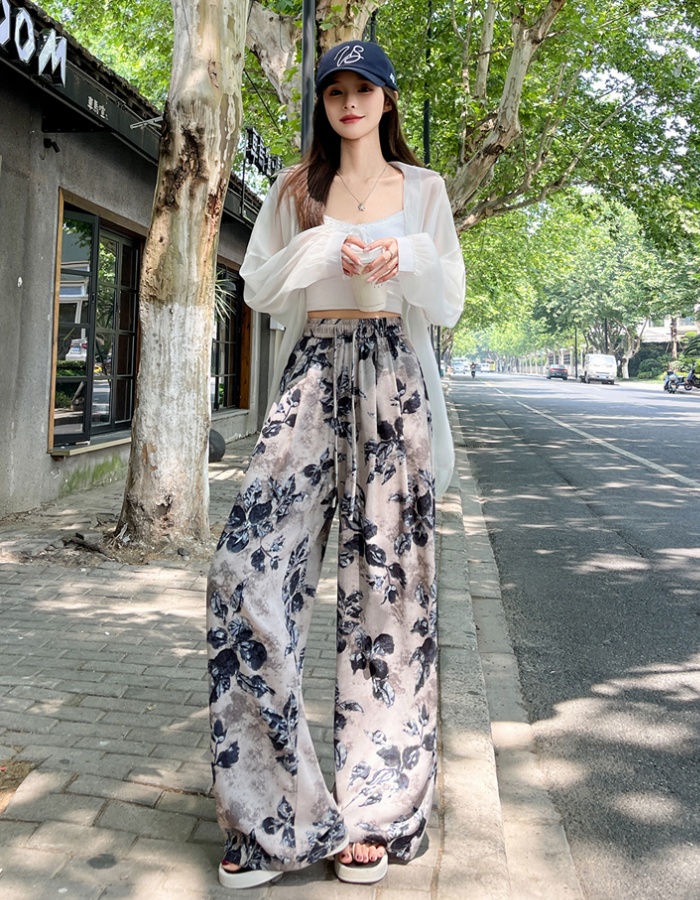Printing high waist pants loose wide leg pants for women