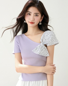 Polka dot irregular tops knitted T-shirt for women