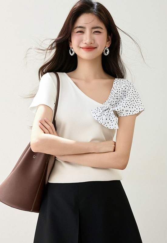 Polka dot irregular tops knitted T-shirt for women