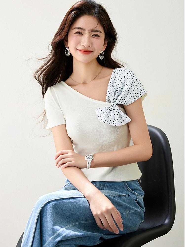Polka dot irregular tops knitted T-shirt for women