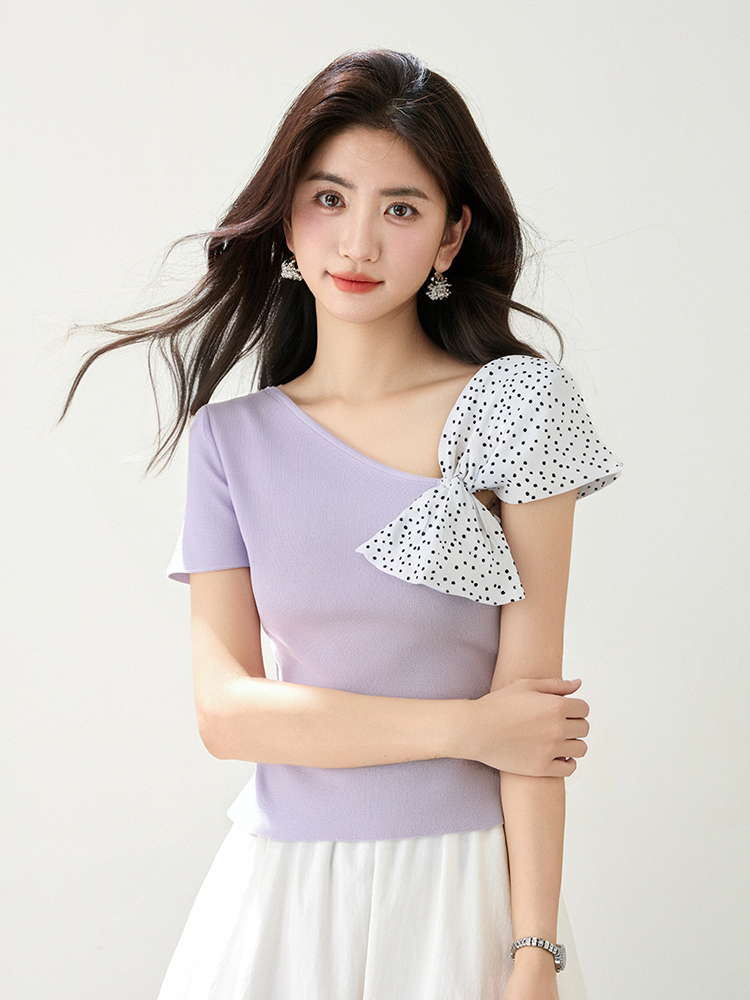 Polka dot irregular tops knitted T-shirt for women