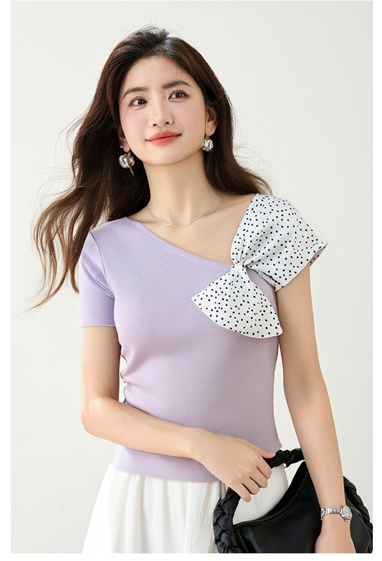 Polka dot irregular tops knitted T-shirt for women