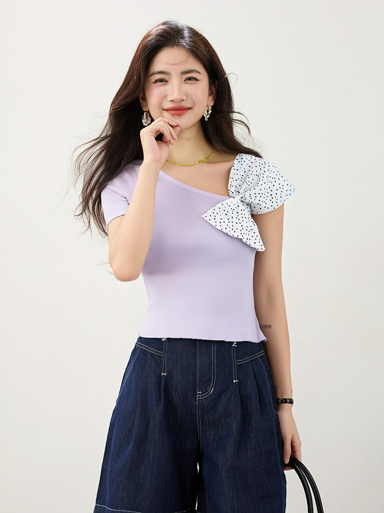 Polka dot irregular tops knitted T-shirt for women