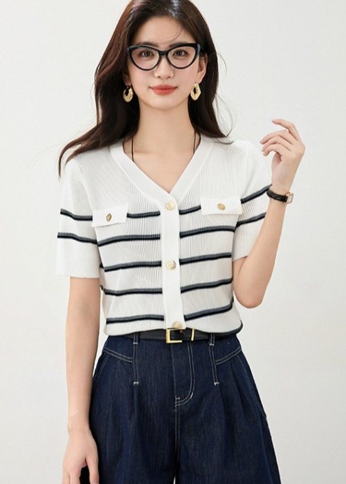 Stripe V-neck jacquard commuting knitted tops for women