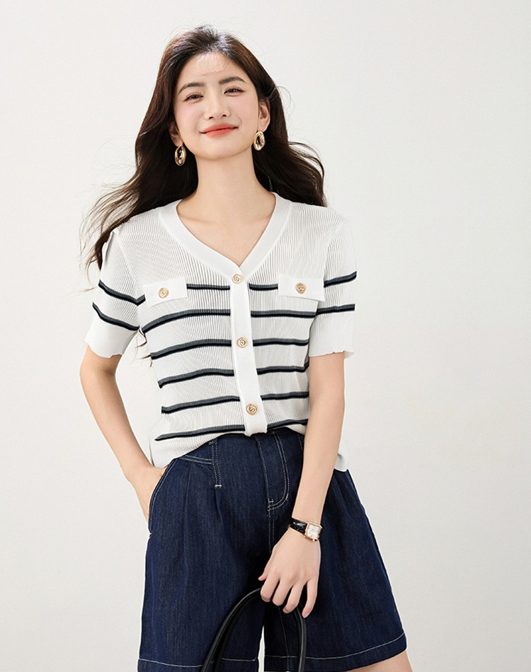 Stripe V-neck jacquard commuting knitted tops for women