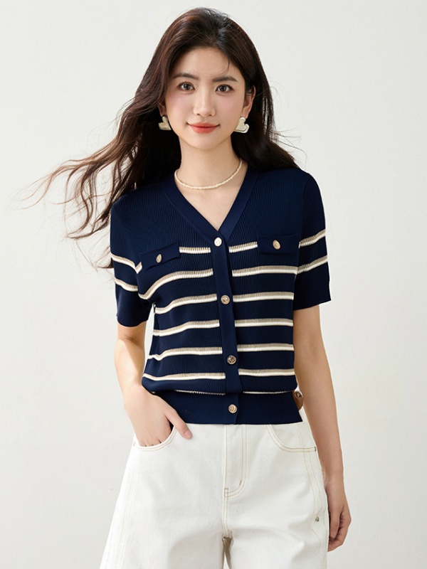 Stripe V-neck jacquard commuting knitted tops for women