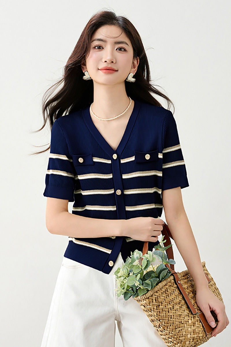 Stripe V-neck jacquard commuting knitted tops for women