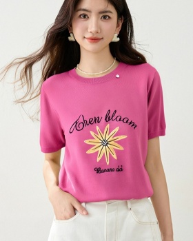 Short sleeve round neck all-match daisy jacquard sweater