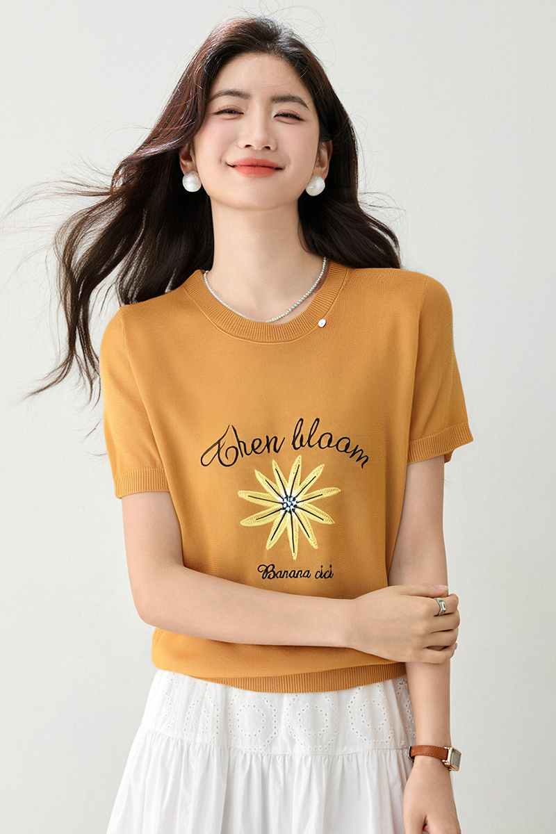 Short sleeve round neck all-match daisy jacquard sweater