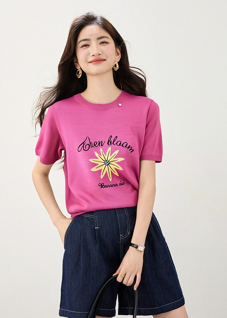 Short sleeve round neck all-match daisy jacquard sweater