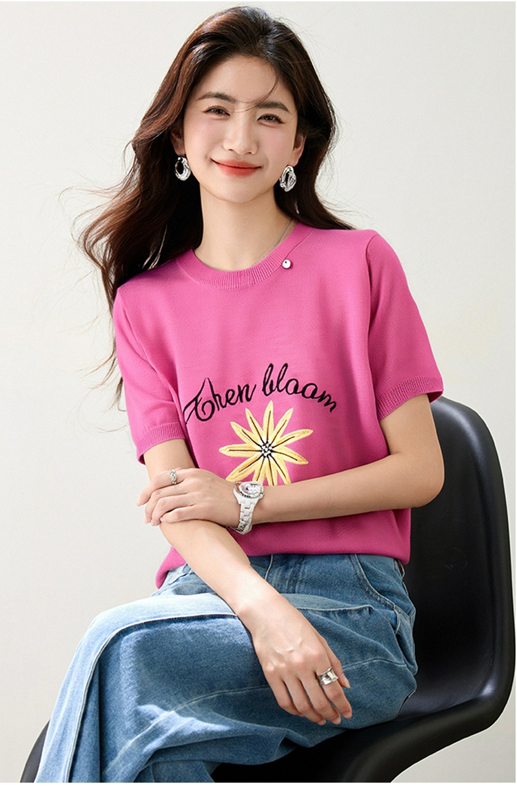 Short sleeve round neck all-match daisy jacquard sweater