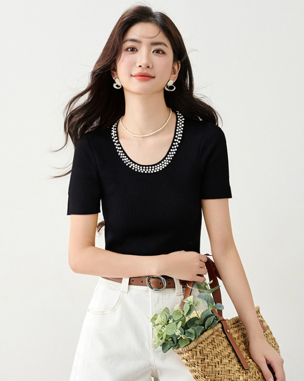 Slim summer U-neck tops knitted temperament T-shirt
