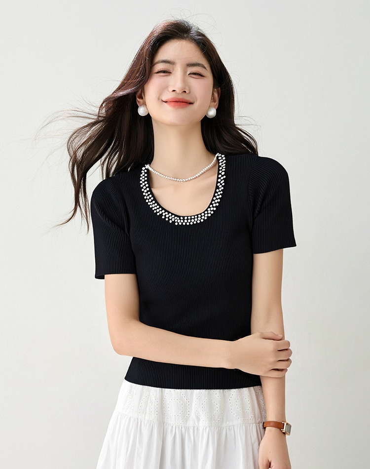 Slim summer U-neck tops knitted temperament T-shirt