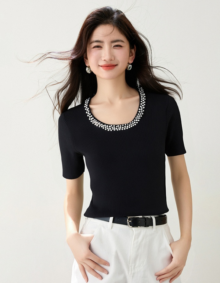 Slim summer U-neck tops knitted temperament T-shirt