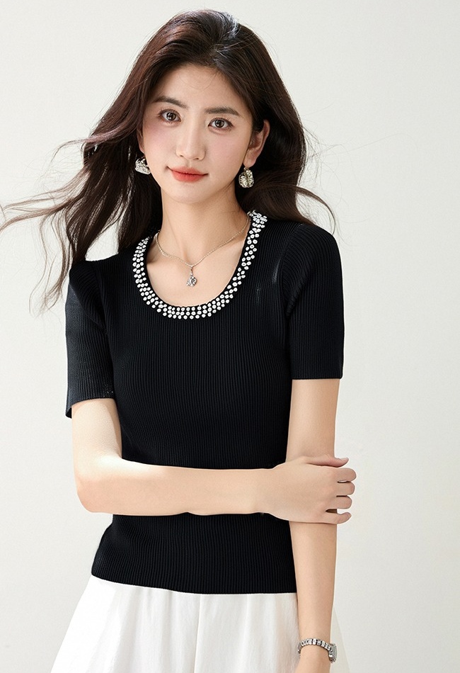 Slim summer U-neck tops knitted temperament T-shirt