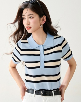 Blue France style tops stripe T-shirt for women