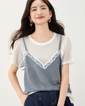 Summer show young lace tops splice fashion T-shirt for women