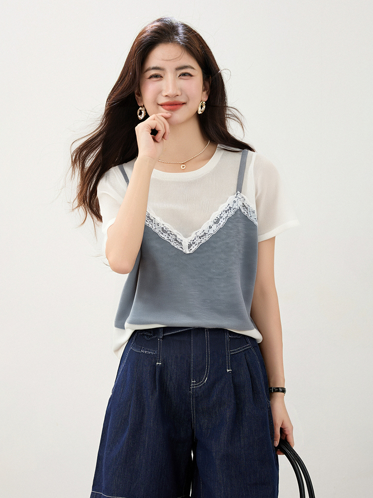 Summer show young lace tops splice fashion T-shirt for women