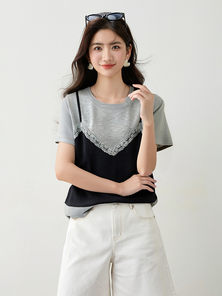 Summer show young lace tops splice fashion T-shirt for women