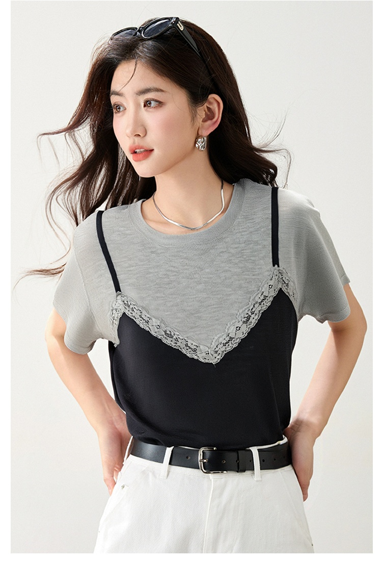 Summer show young lace tops splice fashion T-shirt for women