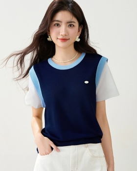Thin round neck tops summer Pseudo-two T-shirt