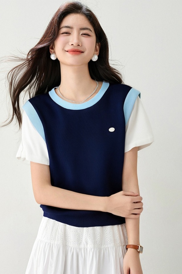 Thin round neck tops summer Pseudo-two T-shirt