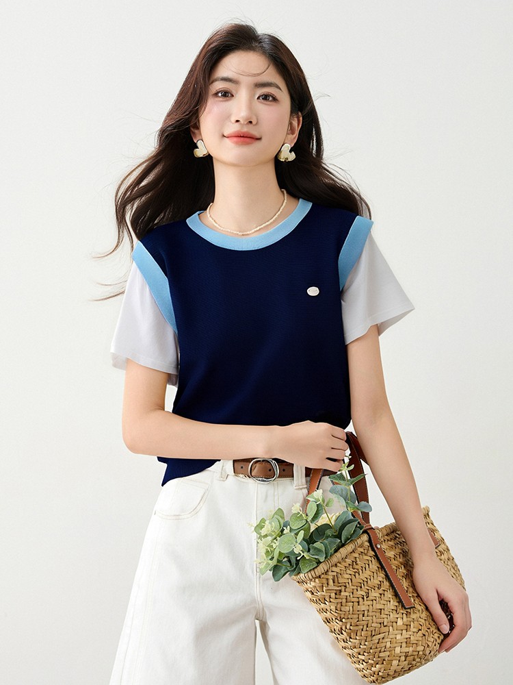 Thin round neck tops summer Pseudo-two T-shirt