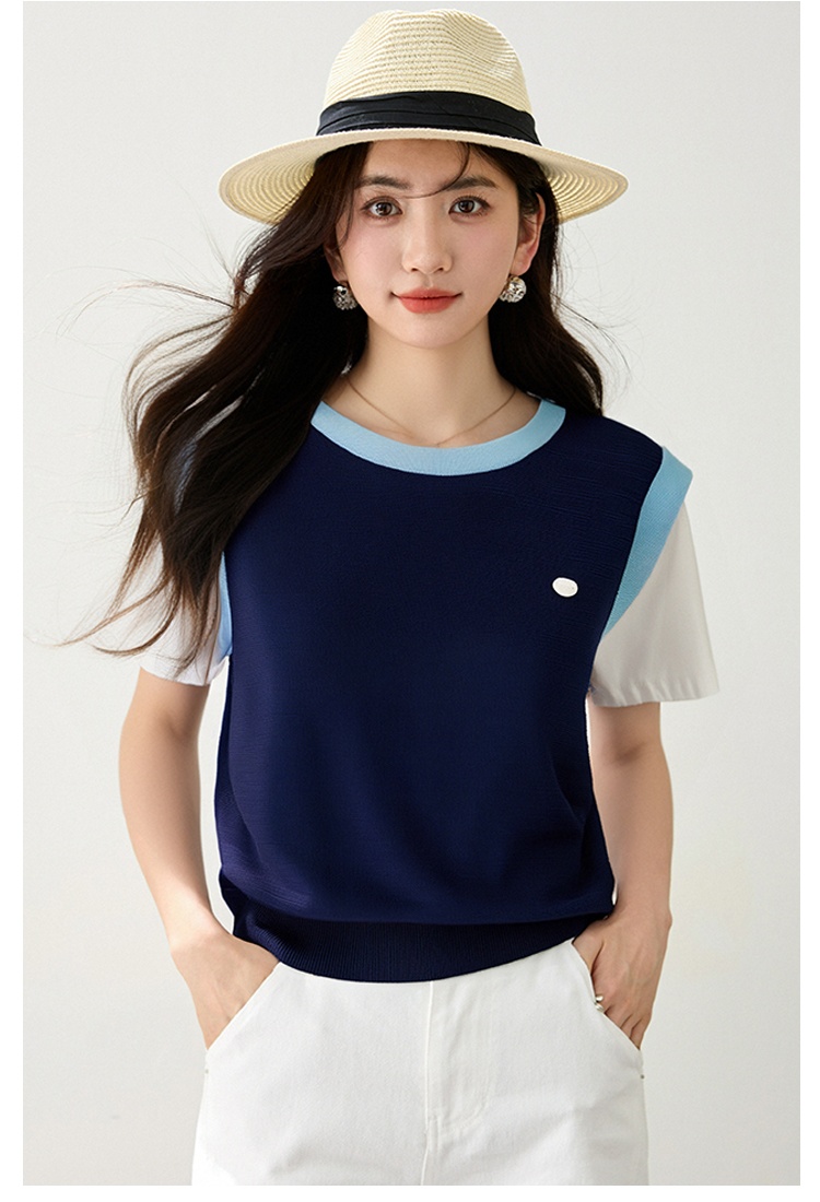 Thin round neck tops summer Pseudo-two T-shirt