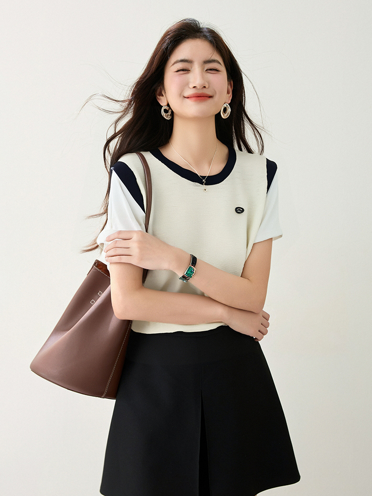 Thin round neck tops summer Pseudo-two T-shirt