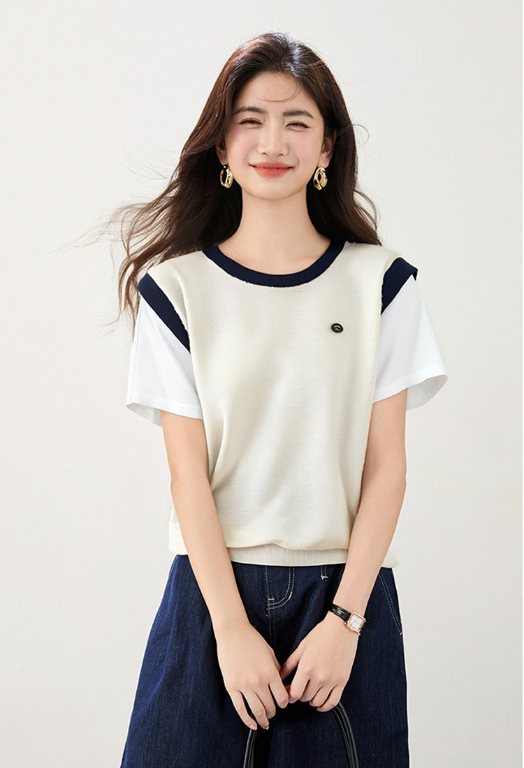 Thin round neck tops summer Pseudo-two T-shirt