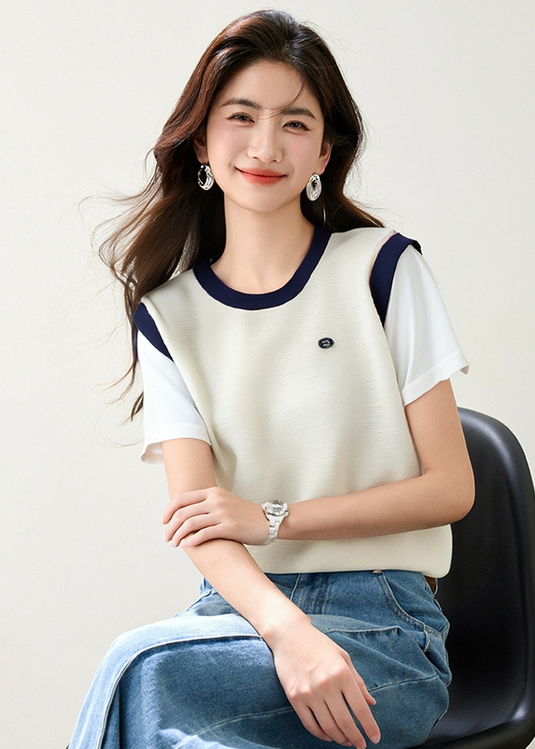 Thin round neck tops summer Pseudo-two T-shirt